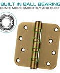 Six Piece Set Of Four Inch Ball Bearing Door Hinges With Five Eighths Inch Corner Radius Featuring Heavy Duty Brass Finish and included mounting hardware showing built-in ball bearings.