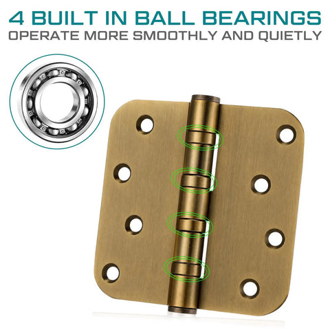 Six Piece Set Of Four Inch Ball Bearing Door Hinges With Five Eighths Inch Corner Radius Featuring Heavy Duty Brass Finish and included mounting hardware showing built-in ball bearings.