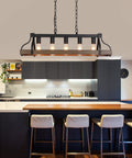 Rustic Farmhouse Kitchen Island Pendant Light With Five Lights Linear Chandelier In Black With Retro Wood Finish over counter