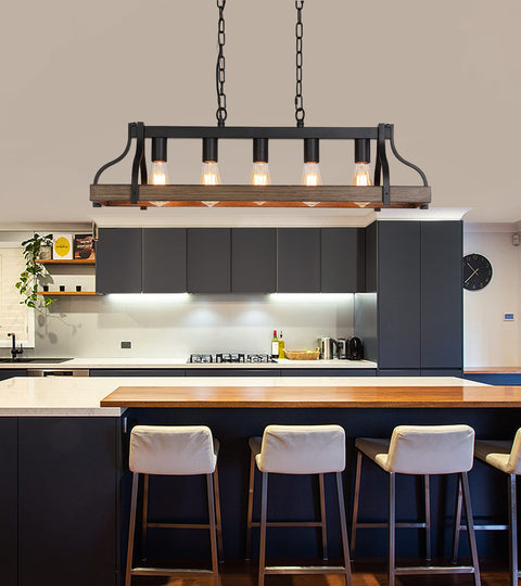 Rustic Farmhouse Kitchen Island Pendant Light With Five Lights Linear Chandelier In Black With Retro Wood Finish over counter