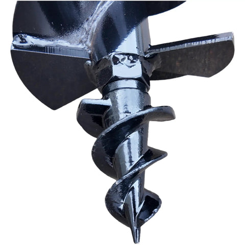 Close-up of Built Tough Mini Excavator Auger Drill Attachment showing spiral drill bit with rugged design for 1.8-ton machines.