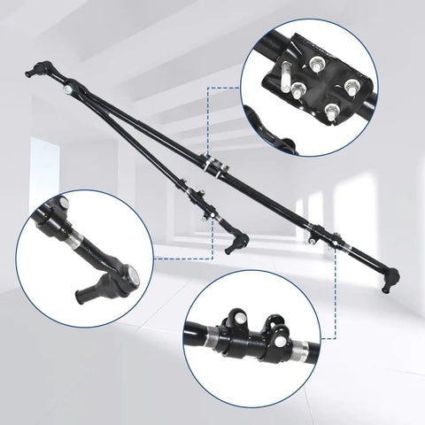Beefed Up Steering Linkage Upgrade Kit For Ram 1500 2500 3500 4x4 2003-2013 Featuring Drag Link, Tie Rod, Pitman Arm And Damper Replacement For Tough, Road Ready Handling On Rough Surfaces black steel steering linkage set with joints