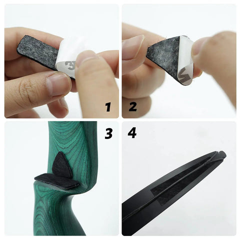 Hands applying adhesive leather arrow rest from Bow String Silencers Set For Recurve And Traditional Longbows on bow.
