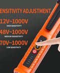 Two Pack Non Contact Voltage Tester With Live Wire Alarm And Bright LED Light, Buzzer And Flashlight, Wire Breakpoint Finder, Detects 12V To 1000V AC, Great For Home DIY And Pro Electric Work, Orange And Red, sensitivity settings shown