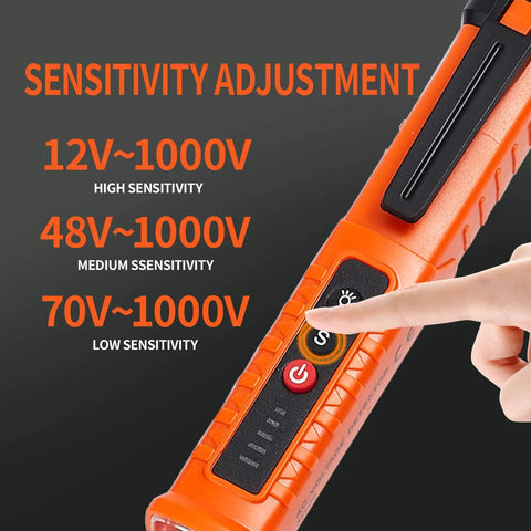 Two Pack Non Contact Voltage Tester With Live Wire Alarm And Bright LED Light, Buzzer And Flashlight, Wire Breakpoint Finder, Detects 12V To 1000V AC, Great For Home DIY And Pro Electric Work, Orange And Red, sensitivity settings shown