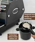 5 Inch Coffee Knock Box With Longer Detachable Knocking Rod next to espresso machine, shock absorbent non-slip base visible