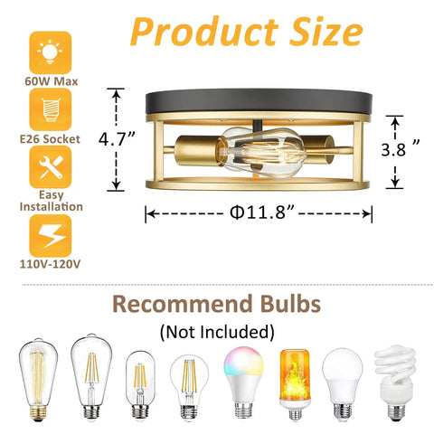 Black And Gold Flush Mount Ceiling Light Fixture Two Light Vintage Farmhouse Ceiling Mount product dimensions and bulb types