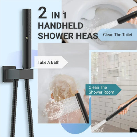 2 in 1 handheld detail of 10 Inch Rainfall Shower System With Valve And Dual Function Handheld All In One Wall Mounted Matte Black Tub Faucet Set