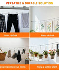 1/16 Inch 7x7 Stainless Steel Wire Rope Kit 165FT Cable with plants, clothes, and decor hanging in different settings