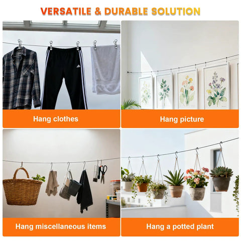 1/16 Inch 7x7 Stainless Steel Wire Rope Kit 165FT Cable with plants, clothes, and decor hanging in different settings