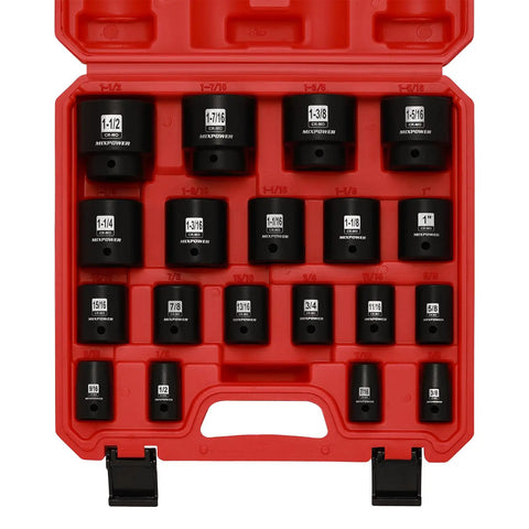 19 Piece One Half Inch Drive Standard Impact Socket Set SAE Shallow Depth Three Eighths To One And One Half Inch Cr-Mo Alloy Steel Radius Corner Design Heavy Duty Impact Built Tough For High Torque Tasks in red case