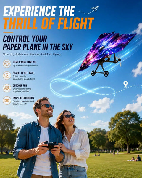Couple flying Power Up RC Paper Airplane Kit with gyro stabilizer and constellation themed design outdoors.