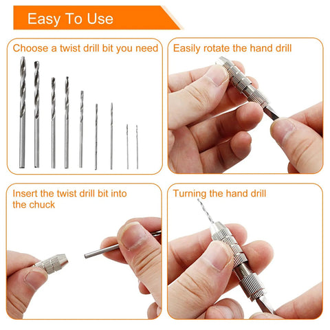 Pin Vise Hand Drill Set 27 Pc Kit 0.5mm To 3mm Miniature Drill Bits For Jewelry Making, Model Craft, Electronics And DIY Projects With Semi Automatic Rotating Bit And Black Needle Vise Handle, Pro Grade Tool For Precise Small Work, hand drill use steps