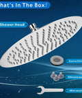 12 Inch High Flow Rain Shower Head In Chrome Finish, All Metal Stainless Steel Build with accessories shown in box