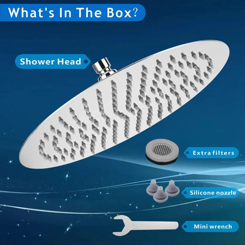 12 Inch High Flow Rain Shower Head In Chrome Finish, All Metal Stainless Steel Build with accessories shown in box