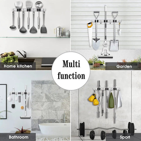 Three Tiers Of Hooks And Four Hangers Broom And Mop Holder Wall Mount Garage Organizer used in kitchen, garden, bathroom, gym.