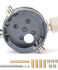 7750 Watch Movement Base and Holder for Repairing and Adjusting, Alloy Watchmaker Tool with screws and accessories displayed