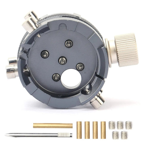 7750 Watch Movement Base and Holder for Repairing and Adjusting, Alloy Watchmaker Tool with screws and accessories displayed