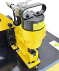 Close-up of hydraulic punch mechanism on Shop Ready Electric Hydraulic 3 In 1 Angle Iron Processor, showcasing compact design.