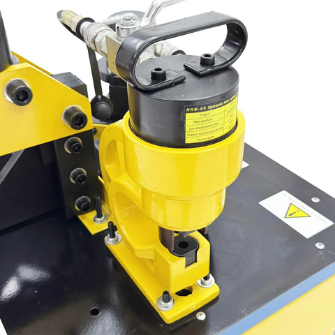 Close-up of hydraulic punch mechanism on Shop Ready Electric Hydraulic 3 In 1 Angle Iron Processor, showcasing compact design.