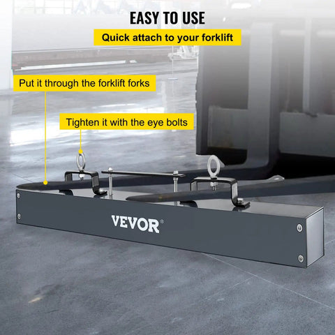 48 Inch Hanging Magnetic Sweeper With Heavy Duty Aluminum Casing, 67 Lb Lift Nail Magnet, hang type on forklift in warehouse.