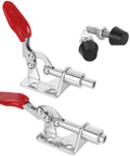 10 Pack Toggle Clamps Quick Release Pull Latch For Welding And Woodworking With Adjustable Rubber Grip and Flange Base Heavy Duty Flip Lock 99 Pound Rock Solid Hold with red handles and metal base.