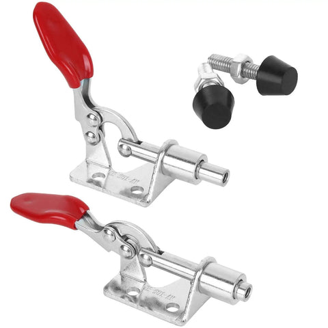 10 Pack Toggle Clamps Quick Release Pull Latch For Welding And Woodworking With Adjustable Rubber Grip and Flange Base Heavy Duty Flip Lock 99 Pound Rock Solid Hold with red handles and metal base.