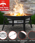 26 Inch Outdoor Wood Burning Fire Pit Heavy Duty Steel Bonfire Bowl With Spark Screen outdoors on patio with fire