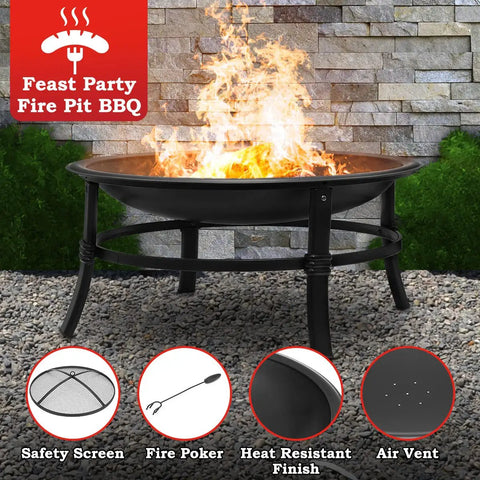 26 Inch Outdoor Wood Burning Fire Pit Heavy Duty Steel Bonfire Bowl With Spark Screen outdoors on patio with fire