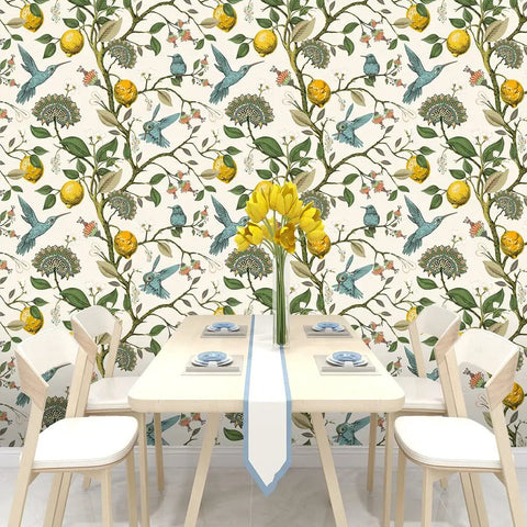 Dining room with Blue Bird Peel And Stick Wallpaper With Fresh Lemon Tree Pattern Self Adhesive And Removable Waterproof Prepasted Contact Paper For Walls 17.7In By 9.8Ft Matte Textured Finish And Repositionable