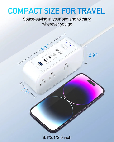 10FT Surge Protector Power Strip With 65W USB C PD And 30W USB C Fast Charging 6 Outlets And 3 USB Ports Flat Plug For Desk Wall Mount Overload Protection Ideal For Dorm And Home Office And Travel