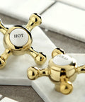 Widespread 8 Inch Polished Brass Bathroom Faucet handles showing hot and cold labels, part of the Retro Vibe Bath Fixture.