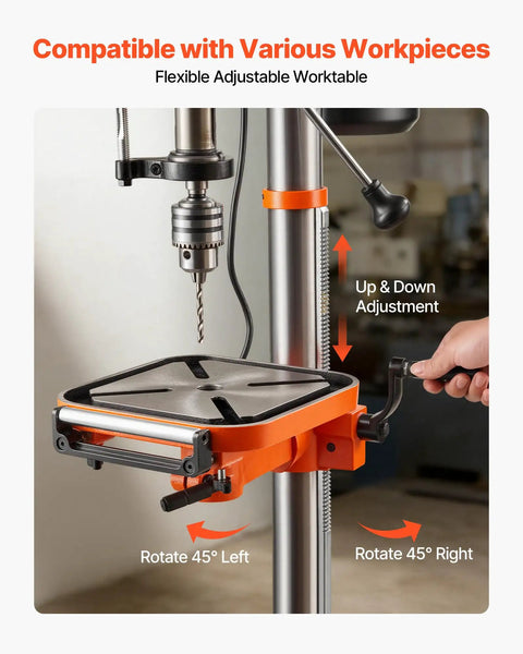 Side view of Heavy Duty 12 Inch Benchtop Drill Press With 1 HP Motor, 6.2 Amp showing tilting table and adjustment controls.