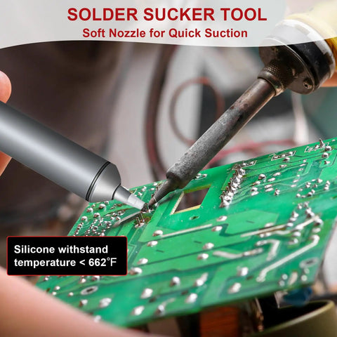 Heavy Duty Desoldering Pump With Strong Suction For PCB Repairs, shown in use on a circuit board with 50mm silicone nozzle.