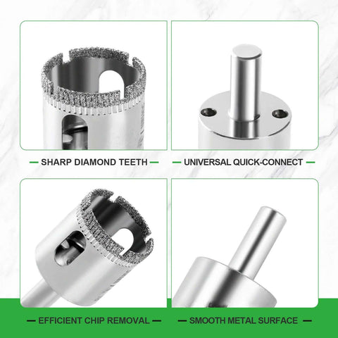 Diamond hole saw kit, 18-piece tile drill bit set with diamond teeth and metal shanks; includes guide.