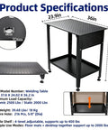 Heavy Duty Steel Welding Table 2000 Lbs Capacity 36 By 24 Workbench With 5/8 Fixture Holes and Tool Tray viewed from the side.