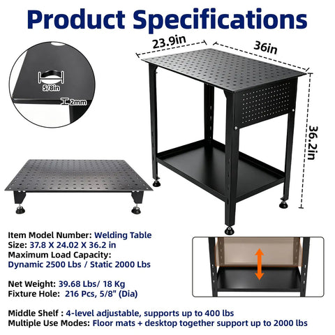 Heavy Duty Steel Welding Table 2000 Lbs Capacity 36 By 24 Workbench With 5/8 Fixture Holes and Tool Tray viewed from the side.