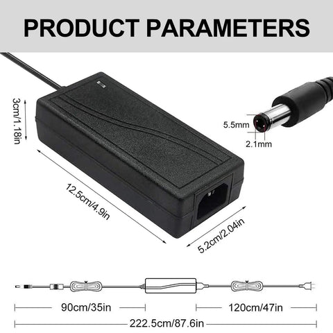 Product diagram of 24V Power Supply Adapter 100-240V AC To DC 24V 6A Max 144W With 5.5mm By 2.1mm DC Plug dimensions