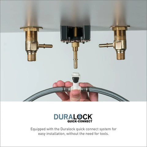 Duralock quick-connect system under Eva Chrome Transitional Two-Handle High-Arc Widespread Bathroom Faucet installation