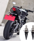 Set Of Eight Badass Spiked Aluminum License Plate Screws With Security Hardware For A Tight Anti Theft Lockdown On Any Daily Driver Or Custom Bike Rig Today installed on a motorcycle with red license plate.