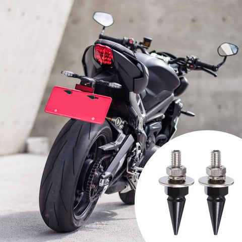 Set Of Eight Badass Spiked Aluminum License Plate Screws With Security Hardware For A Tight Anti Theft Lockdown On Any Daily Driver Or Custom Bike Rig Today installed on a motorcycle with red license plate.
