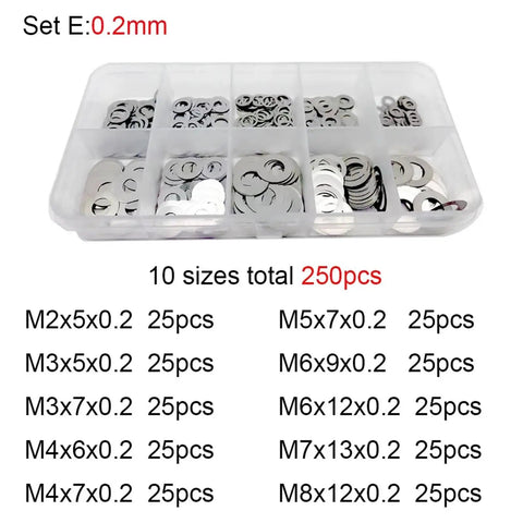 Ultra Thin Stainless Steel Flat Washer Set DIN 988 M2 M3 M4 M5 M6 M7 M8 0.3mm Thick 250 Pcs Corrosion Resistant Shim Gasket Assortment Kit With Smooth Edges Slick Space Saving Slim Profile For Compact Assemblies Electronics Automotive DIY Projects, 0.2mm washers in storage box