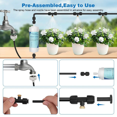Plug And Play Outdoor Misting Kit 50 Feet Installation Free With Built In Water Filter 15 Brass Nozzles setup diagram