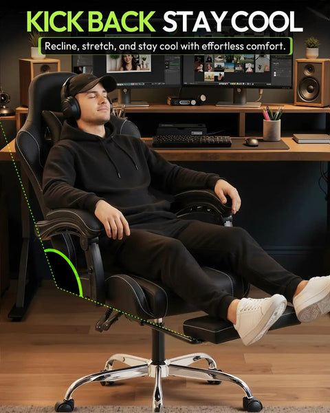 Person relaxing in Ergonomic Gaming Chair With Massage Lumbar, Footrest, And 2D Linkage Armrests, black, in home office setup