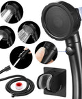 High Pressure Shower Head With Pause Button And Three Spray Modes For RV Camper No Hassle Water Saving Handheld Shower With Hose And Adjustable Self Adhesive Holder Black, showing spray settings, pause button, and included accessories.