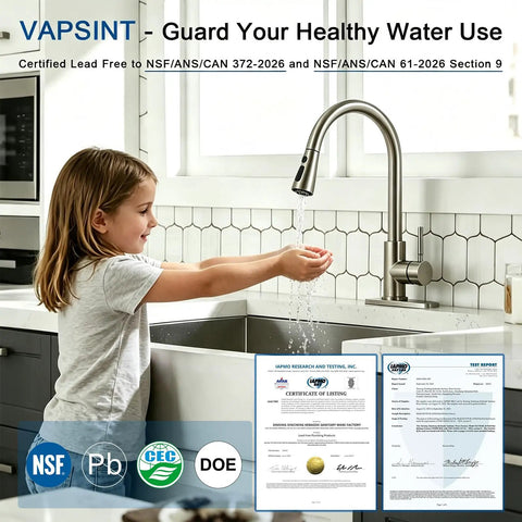 Kick Up Your Kitchen Vibes With This Top Tier Stainless Steel Faucet Boasting A Smooth Pull Down Sprayer delivering water to a child's hands.