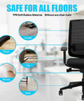 Five Pack 2 Inch Soft TPR Rubber Silent Office Chair Casters Universal Swivel Replacement Wheels shown on various floor types.