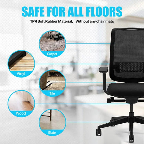 Five Pack 2 Inch Soft TPR Rubber Silent Office Chair Casters Universal Swivel Replacement Wheels shown on various floor types.