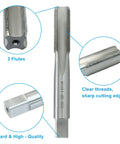 Close-up of Two Pack M15 X 1 Metric Tap with details of 3 flutes, sharp threads, and high-speed steel HSS 6542 for metal repair.