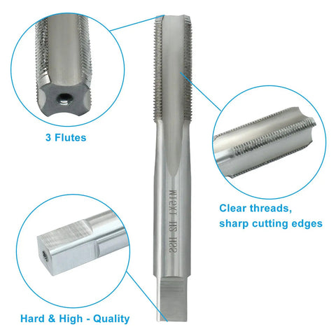 Close-up of Two Pack M15 X 1 Metric Tap with details of 3 flutes, sharp threads, and high-speed steel HSS 6542 for metal repair.